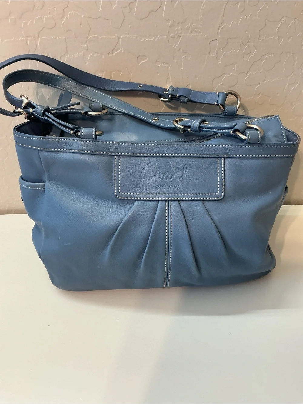 Coach East West Pleated Gallery Tote F13759 Blue Leather Shoulder Bag Y2K